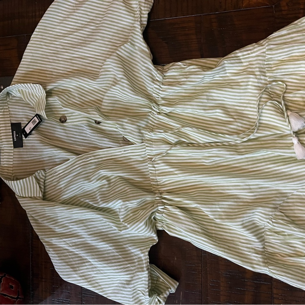 Express Women’s Light Green and White Striped Button-Down Romper M